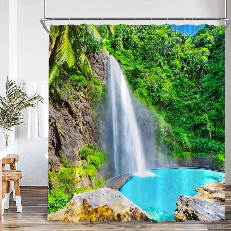 Nature Waterfall Landscape Shower Curtains Forest Lake Crane Lotus Flowers Chinese Style Scenery Home Bathroom Curtain Decor Set
