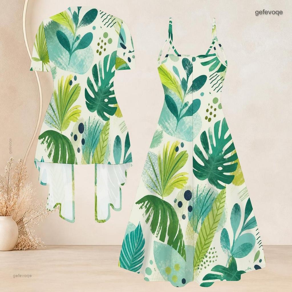 Women Plus Size Two Piece Set Tropical Leaf Printed Short Sleeve Cardigan Strappy V Neck Flared Dress