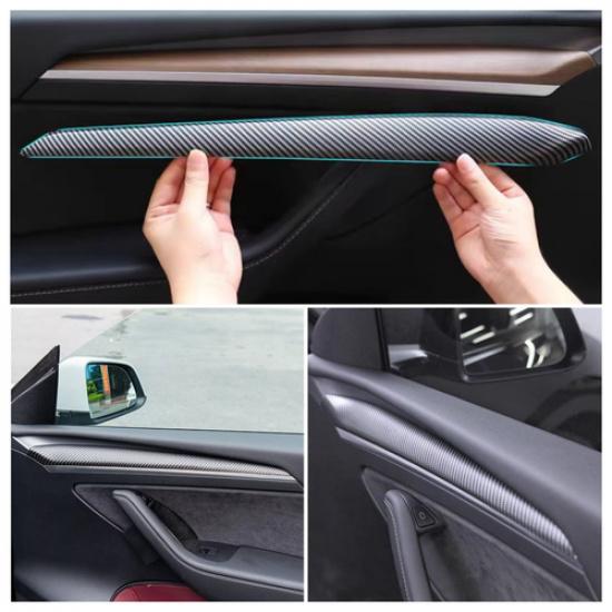 For Tesla Model Y 3 Matte Carbon Inner Front Door Trim Panel Armrest Wrap Cover
