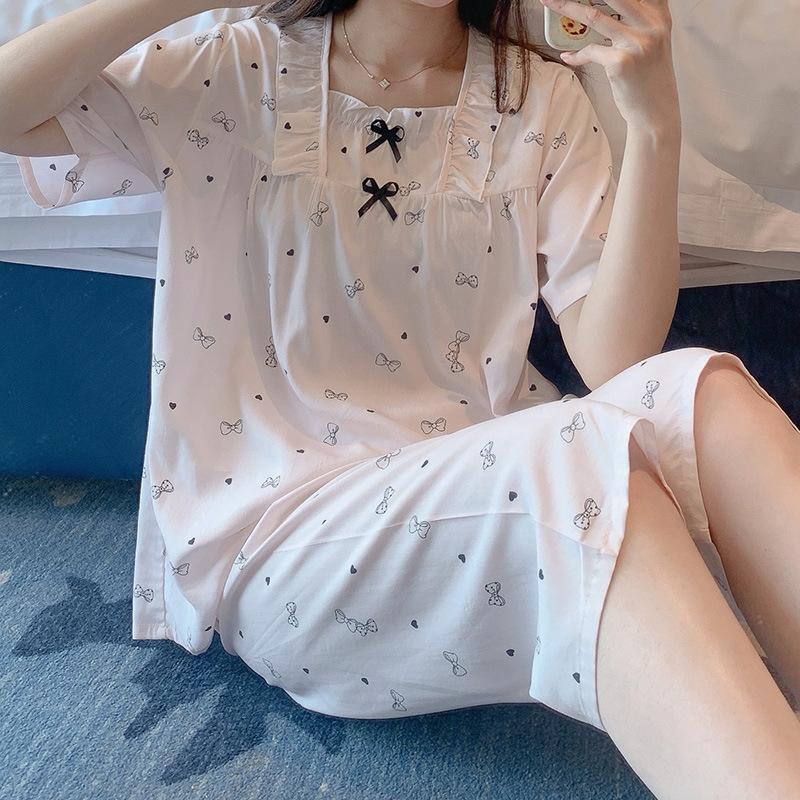 Summer New Printed Cotton Pajamas for Women, Sweet and Cute Short-sleeve Casual Girls' Loungewear, Suitable for Outerwear In Spring and Autumn