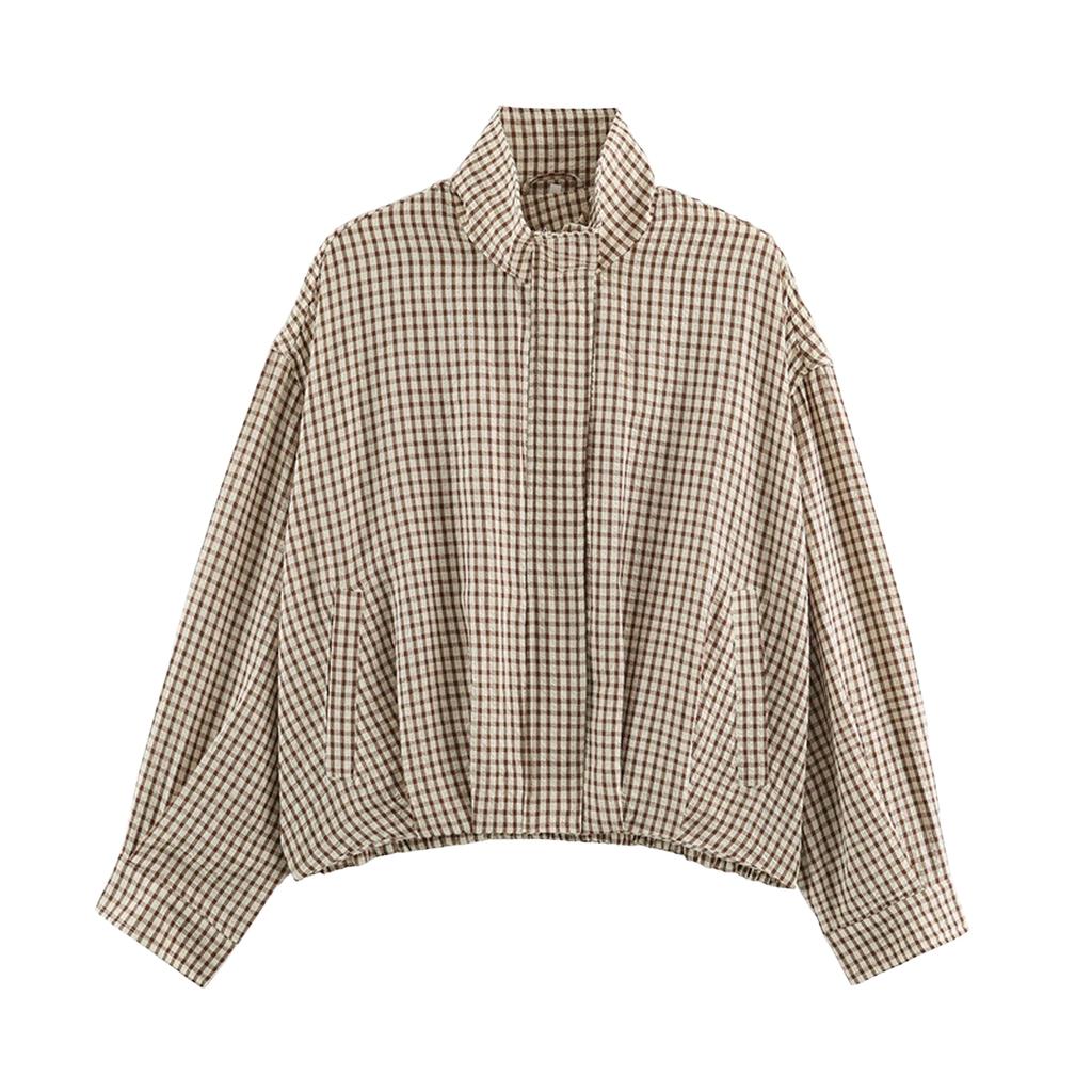 Women's Plaid Shirt Jacket with Long Sleeves and Adjustable Tie Collar for Casual Wear