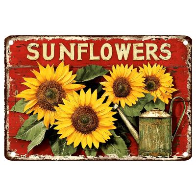 Vintage Sunflowers Metal Sign, Rustic Wall Hanging Decorative Plaque, Weatherproof, Pre-Drilled, with English Text for Home, Bar