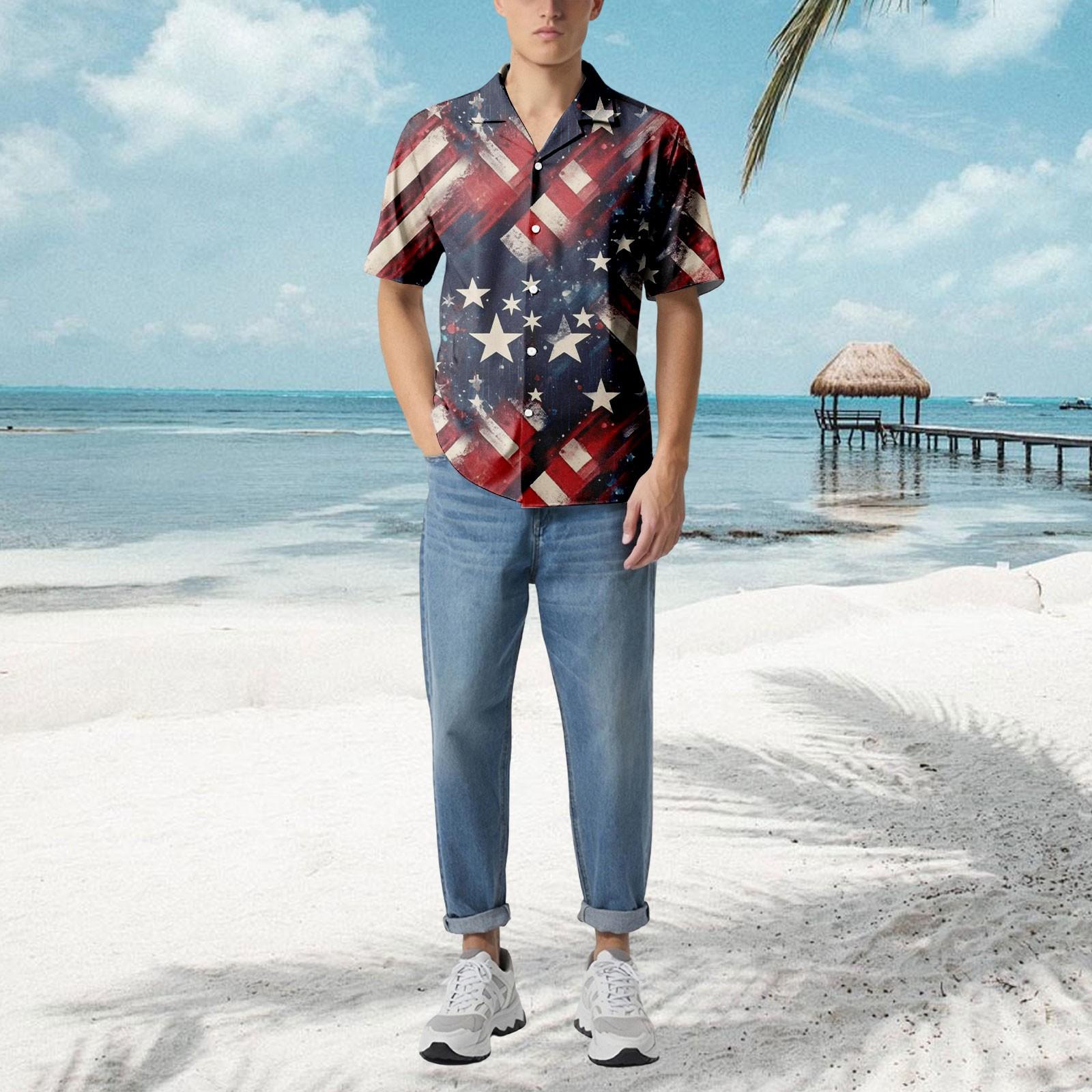 

Чоловіча повсякденна вільна сорочка з короткими рукавами Модна сорочка з принтом XL Темно-синій