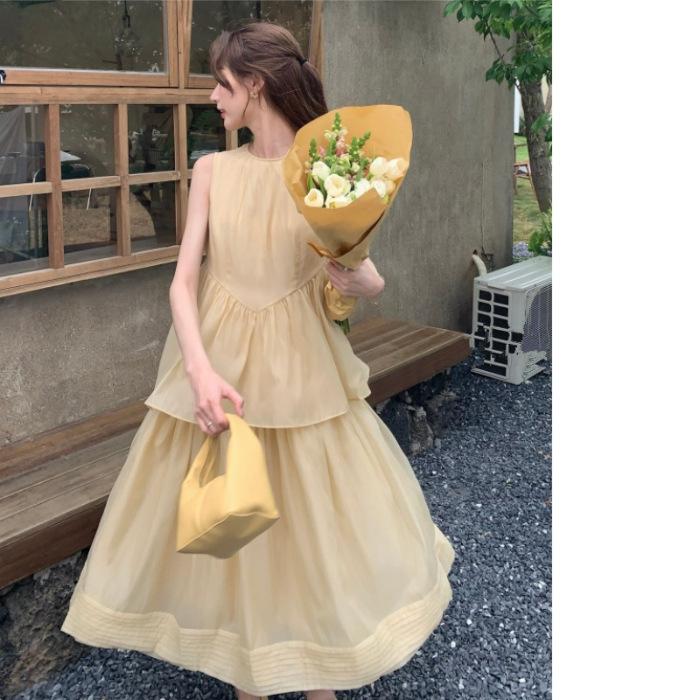 French retro solid color sleeveless vest dress women s summer wear gentle wear loose chic beautiful yellow dress S абрикосовый