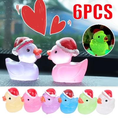 6/1pcs Duck Ornaments Car Christmas Hat Cartoon Luminous Little Duck Ornaments Noctilucent Resin Automotive Decoration Ornaments