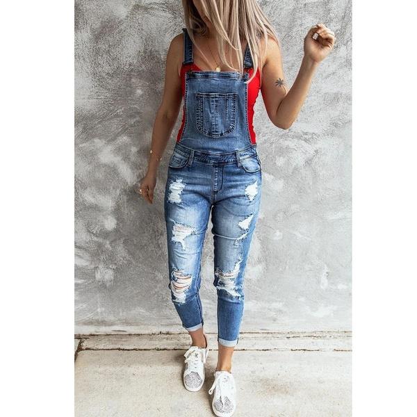 Women Retro Denim Bib Overalls Jeans Jumpsuits and Rompers Ladies Ripped Hole Casual Stretch Long Playsuit Pockets Jumpsuit