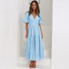 women's High Waist Puff Sleeve V Neck Midi Dress Solid Color Vacation Casual Party Dress