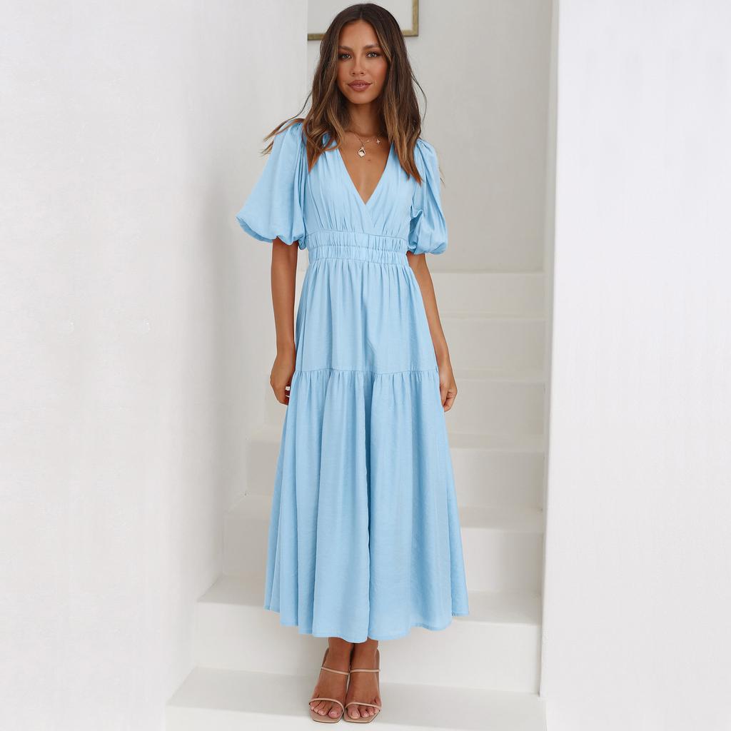 women's High Waist Puff Sleeve V Neck Midi Dress Solid Color Vacation Casual Party Dress