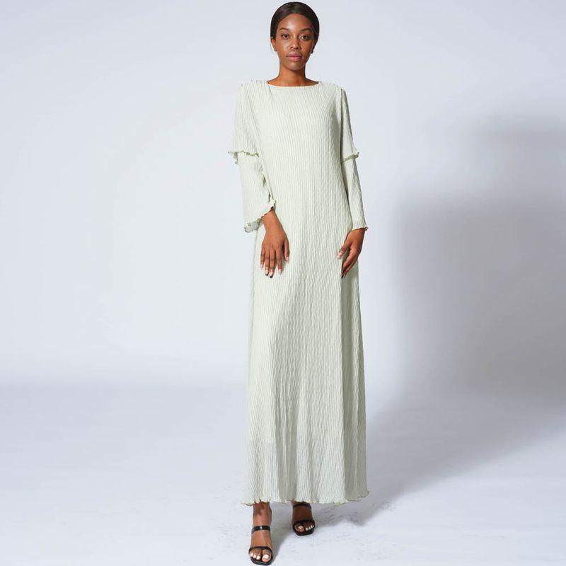 

Indonesia Middle East Spring and Autumn Chiffon Crumpled Pure Color Double Layer Wooden Ear Sleeve Loose round Neck Length Dress Female Dress Green S