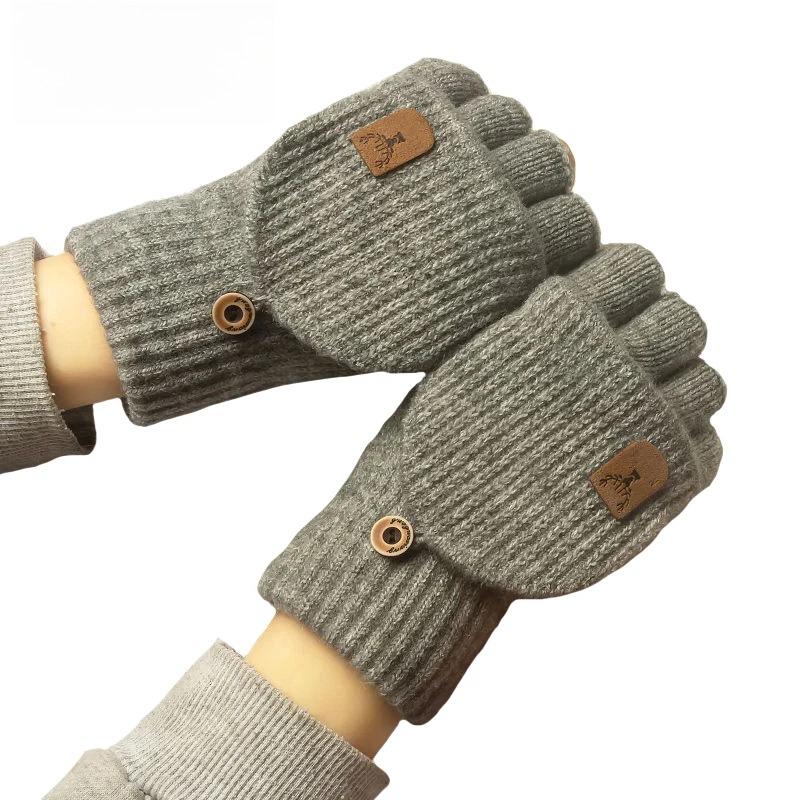 Men Women Winter Gloves Half Finger Open Flip Design Flap Warm Gloves Knitted Thickened Windproof Hand Cover Gifts for Outdoor