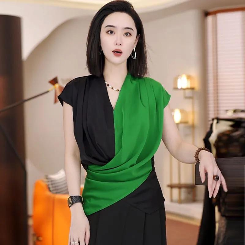 Light Luxury Style Design Color Block V-neck Shirt for Women Summer Thin Elegant Unique Unique Beautiful Top Trend