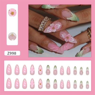 Fashion Press On Nail Almond Stick On Nail With French 3D Floral Designs Nail Accesories Artificial Nail Office Wear