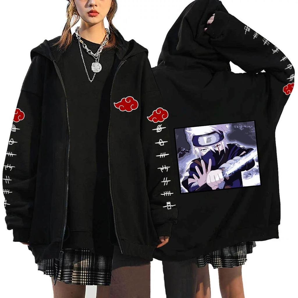Hatake Kakashi Anime Portrait Zip Up Hoodie, Akatsuki Red Cloud Chest & Sleeve Print Anime Oversized Hooded Coat