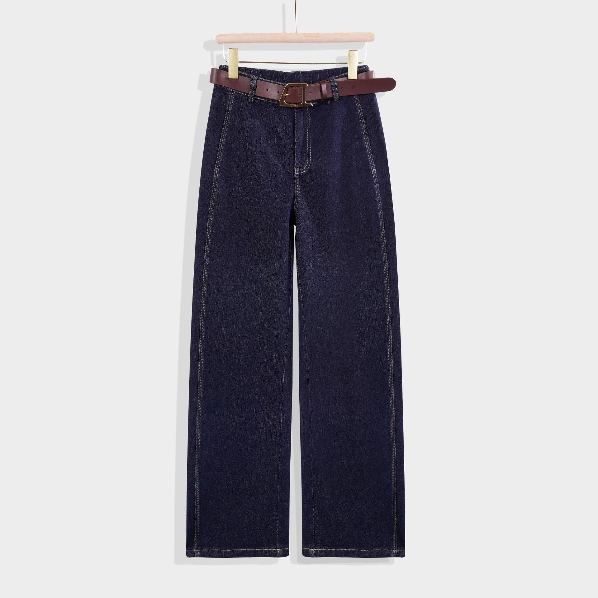 Spring 2026 Women s Deep Blue Straight-Leg Jeans - Non-Fading, Side-Split, Slim-Fit, Wide-Leg Style Size 27