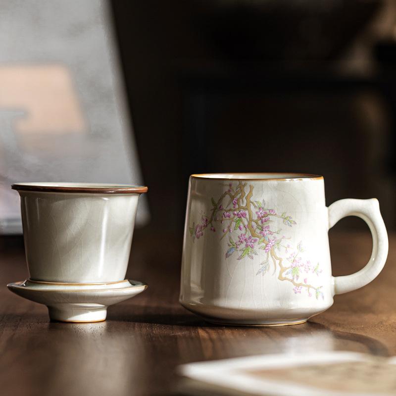 Peach Blossom Spring Yellow Ru Kiln Office Mug with Filter Simple Tea Cup Ceramic Cup Tea Water Separation
