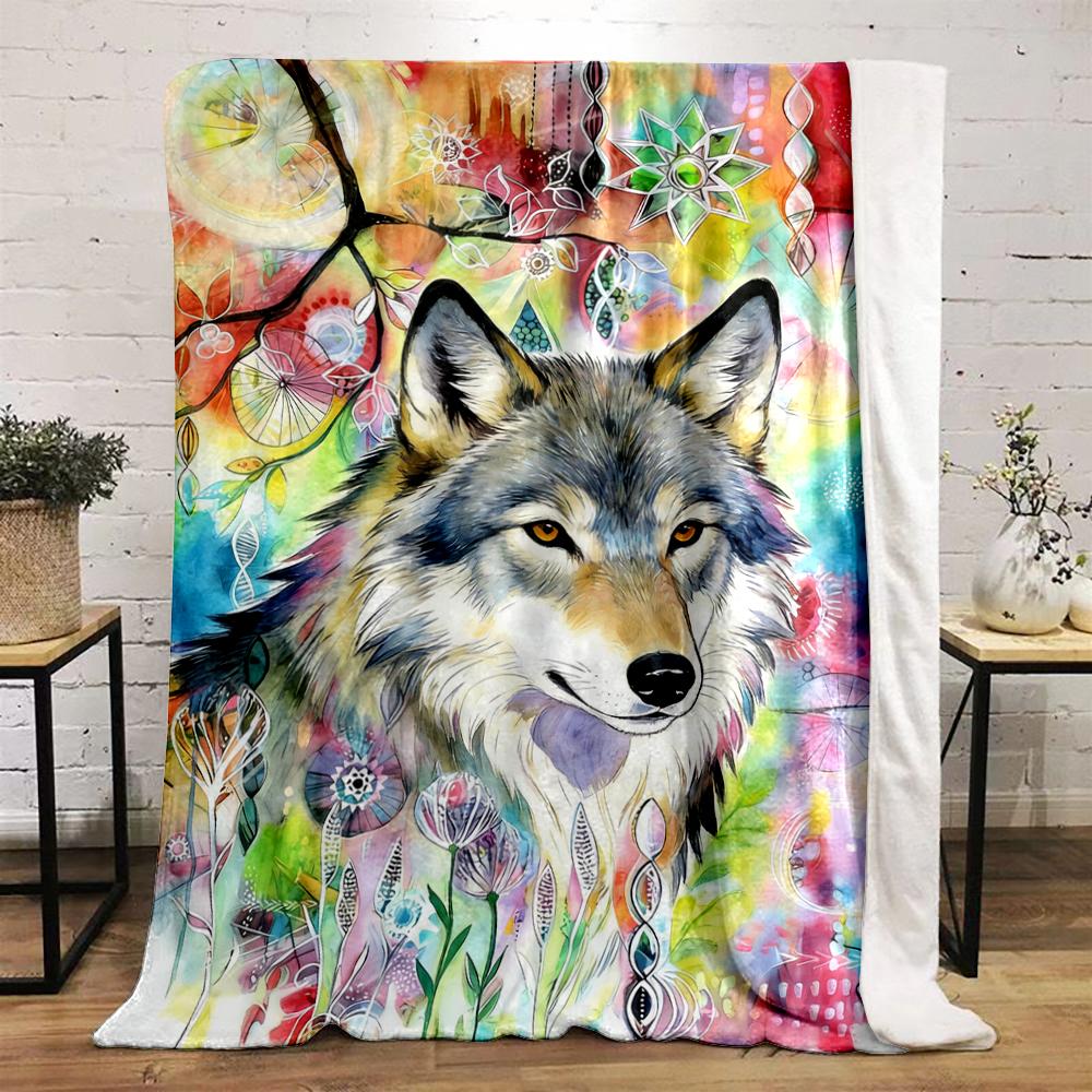 Colorful Wolf Illustration with Abstract Patterns Flannel blanket for bedroom, living room, sofa, and nap sofas