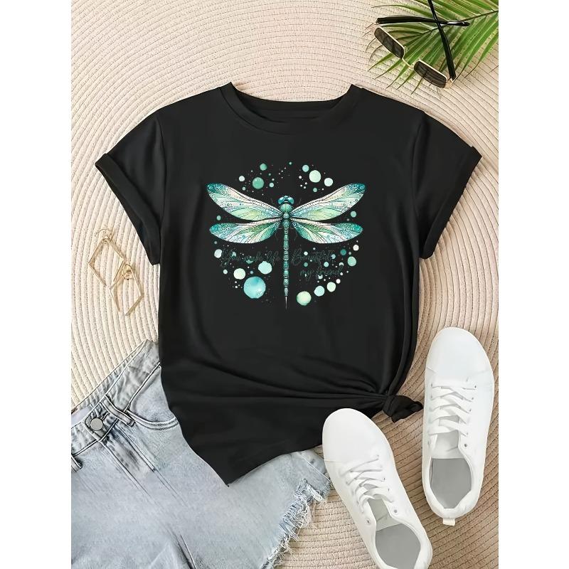 

European Size Short-Sleeved T-Shirt with a Pure Dragonfly Pattern Print 4XL чорний
