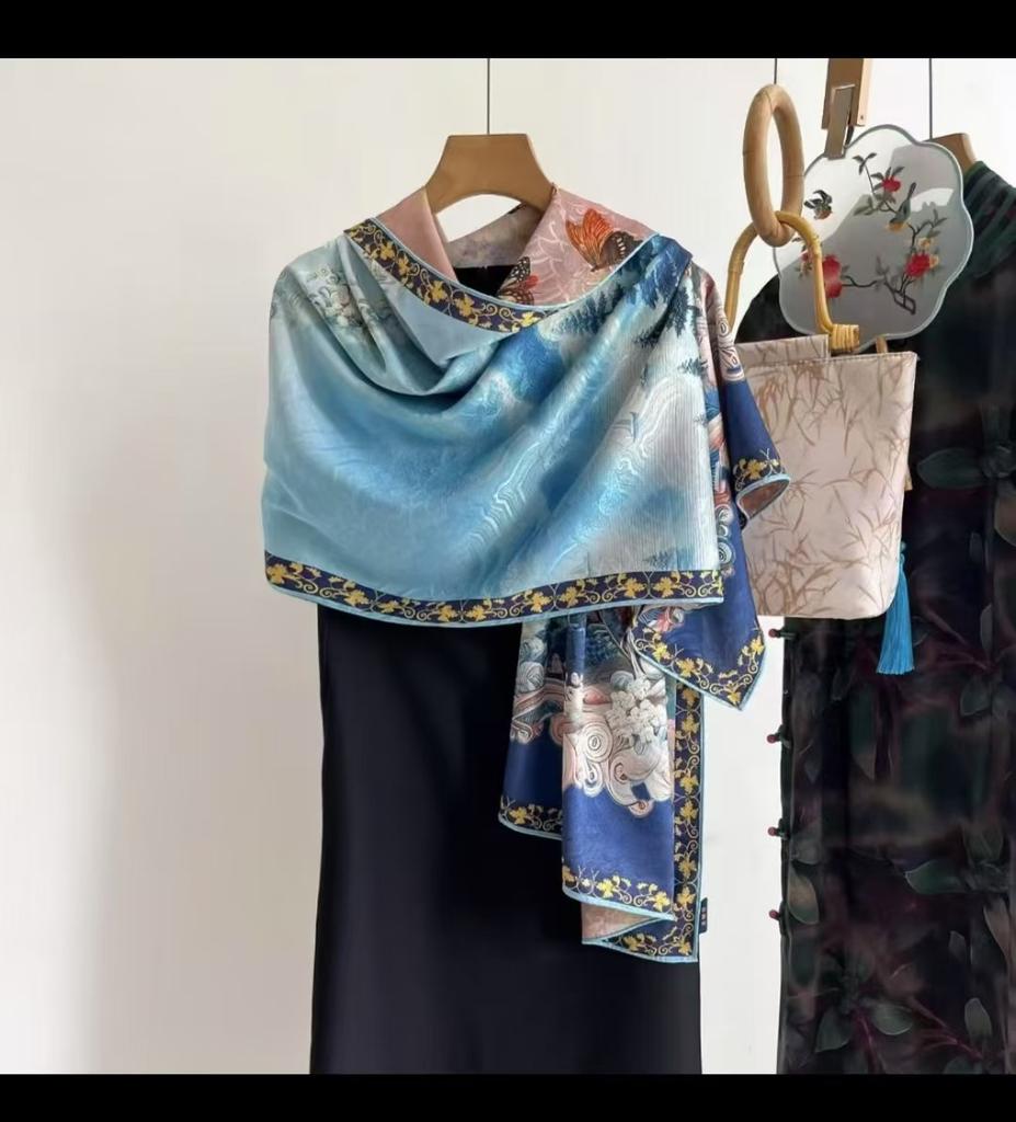 Hangzhou Silk Fragrant Cloud Yarn Silk Scarf Two-Color Double-Sided Printing Scarf Handmade Curling Women'S Shawl National Style Printing