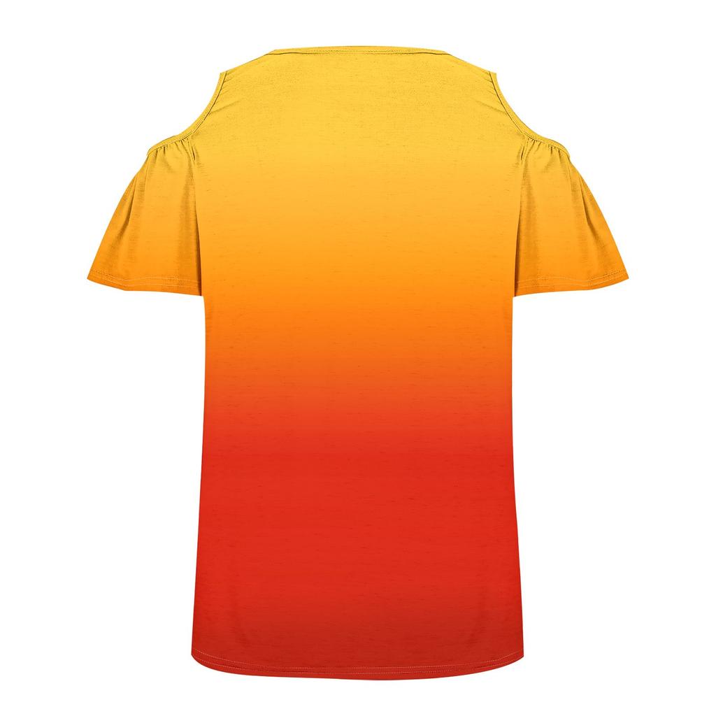 Top da Donna Casual Traspirante Largo Sulla Spalla Manica Corta Foglia T-shirt Colore Sfumato