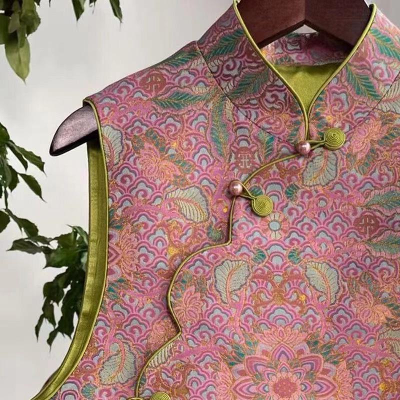 "2024 Pink Printed Asymmetrical Collar Vest Jacket for Women – Chinese Style, Perfect for Spring, Autumn, Winter"