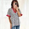 Women's V Neck Short Sleeve Blouse Loose Fit Streetwear Top Leopard Print Chiffon Shirt