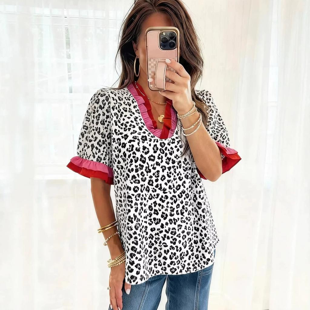 Women's V Neck Short Sleeve Blouse Loose Fit Streetwear Top Leopard Print Chiffon Shirt