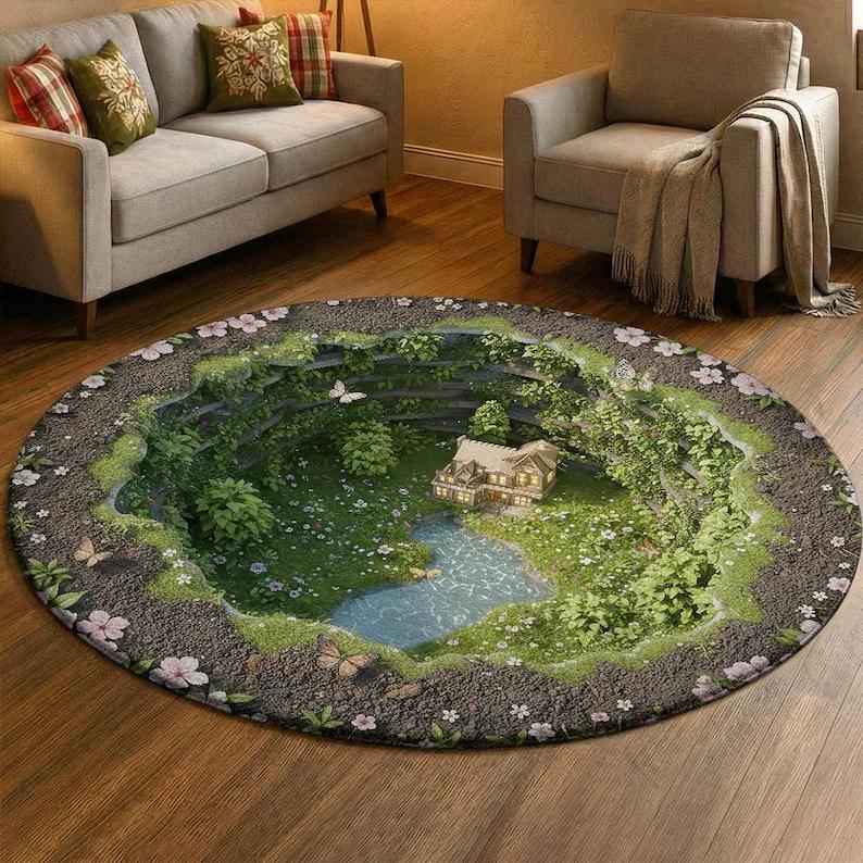 2D Fantasy Spring Garden Round Rug Cave House Lake Illusion Floor Mat Soft Non-Slip Nature Floral Carpet for Living Room Bedroom