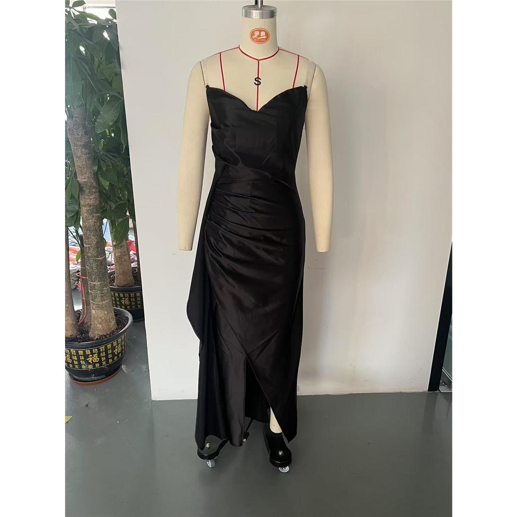 Women's sexy slim deep V trouser satin slit transparent shoulder strap suspender dress