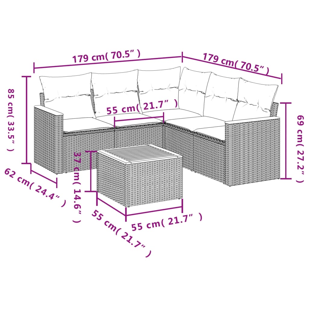 Vidaxl 6-Cz. Gartenmöbel-Set mit Kissen, Schwarzer Polyrattan