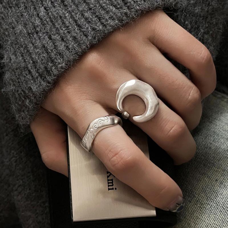 925 Silve Frosted Moon Ring for Women Girl Letter Versatile Irregular Jewelry Gift