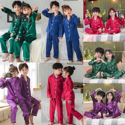 2Pcs/Set Kids Pajamas Set Spring Fall Turn-down Collar Button Pocket 3-14 Years Boys Girls Faux Silk Long Sleeves Top Pants Trousers Sleepwear