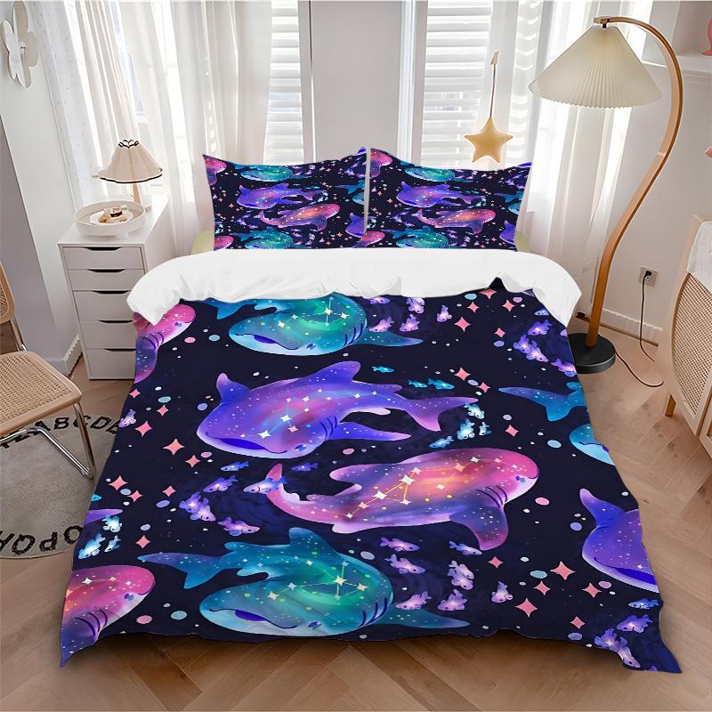 

3pcs bedding set Galactic Sharks Includes 1 Comforter + 2 Pillowcases, Without Pillow Inserts, Soft Comfortable, Lightweight Breathable092 135x200cm