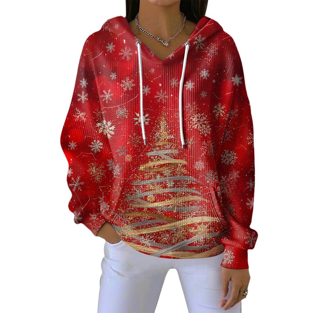 Women's Loose Comfortable Casual Fashion V-Neck Christmas Print Long Sleeve Hoodie