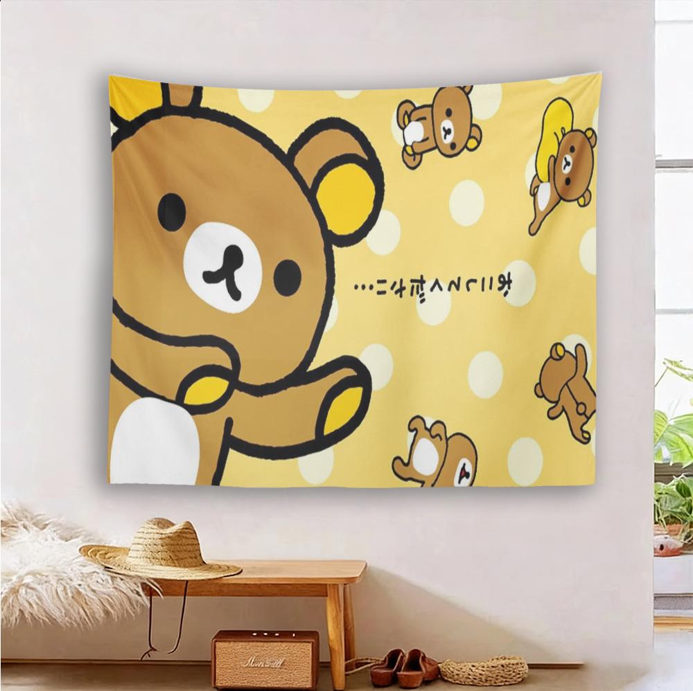 R-Rilakkuma Polka Dot Tapestry, Cute Kawaii Bear Wall Hanging, Soft Yellow Aesthetic Bedroom Dorm Decor, Anime Fan Gift