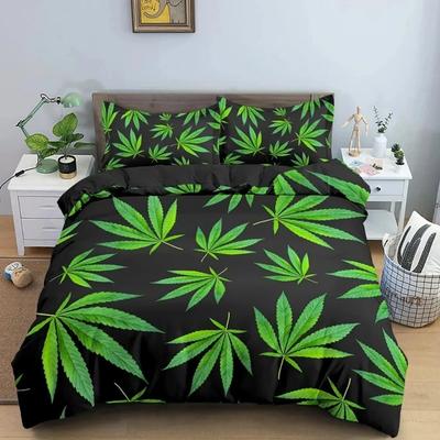 Funda Nórdica Hoja de Cáñamo Tamaño Queen King Estampado Verde Brillante Psíquico Juego de Ropa de Cama Hoja de Cáñamo Decoración del Hogar 3 Piezas con 2 Fundas de Almohada