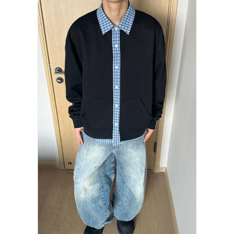Retro Fake Two-piece Sweater Cardigan Men's Autumn Plaid Couple Coat