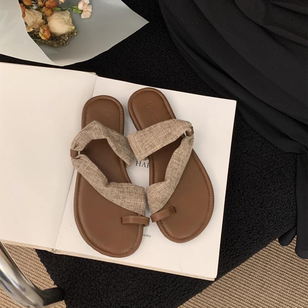 Summer linen slippers women's new cover toe casual sandals beach shoes seaside vacation soft flat Roman shoes