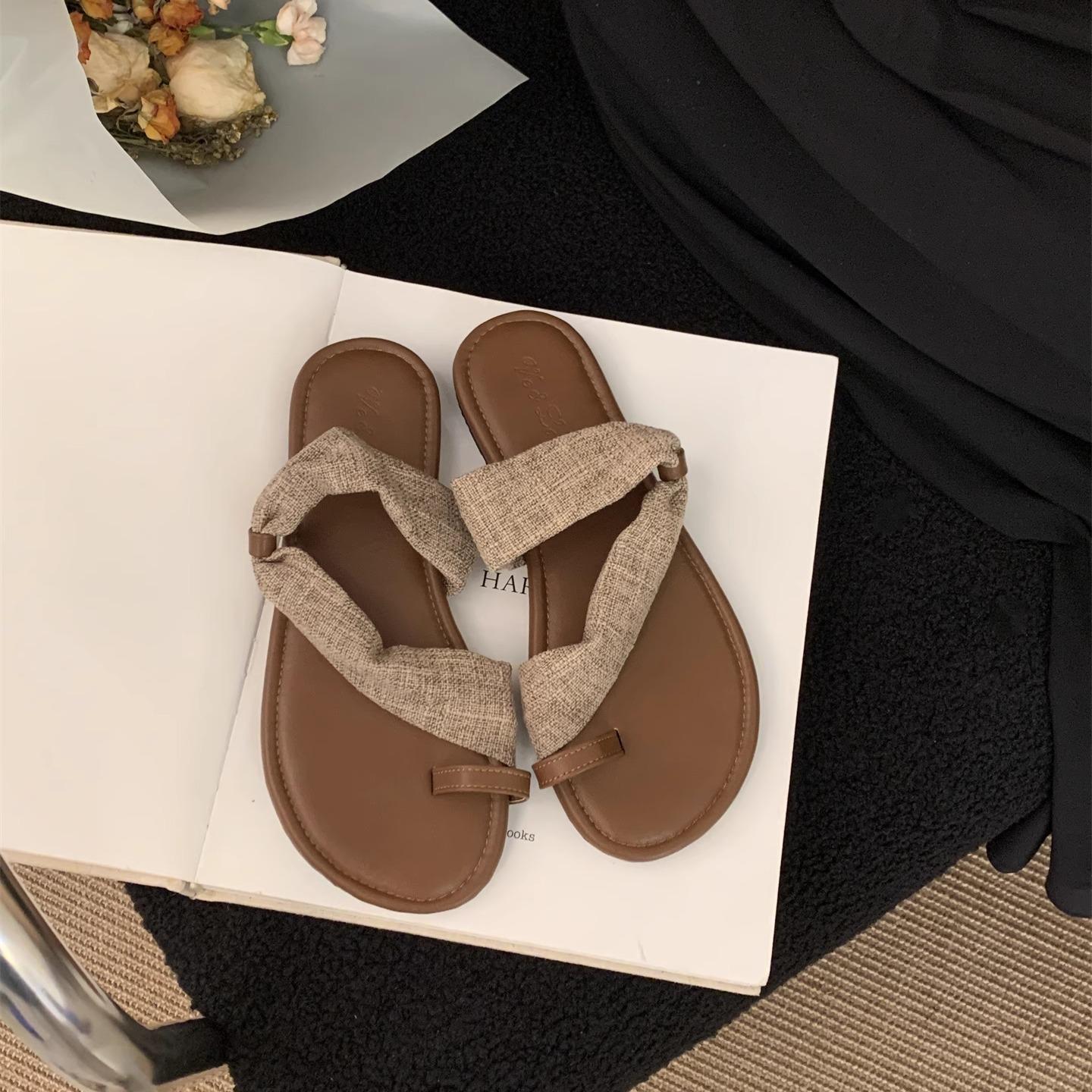 

Летние льняные тапочки женские новые с закрытым носком повседневные сандалии пляжная обувь морской отдых мягкая плоская римская обувь 40 хаки
