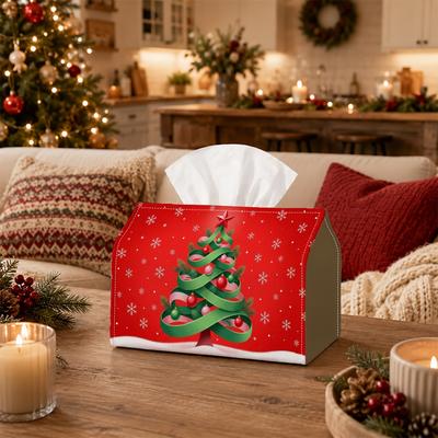1pc Christmas Elegant Winter Geometric Tissue Box-Ribbon Tree Star Bauble Shape,Durable Napkin Organizer for Car,Kitchen,Dining,Home Decor-Decorative