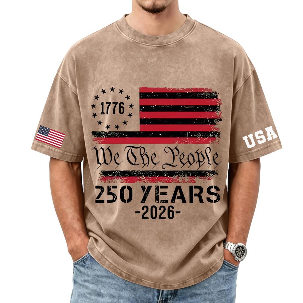 Men's Loose and Casual Flag Letter Print T-shirt - Men's Trendy Washed Short-sleeved Top