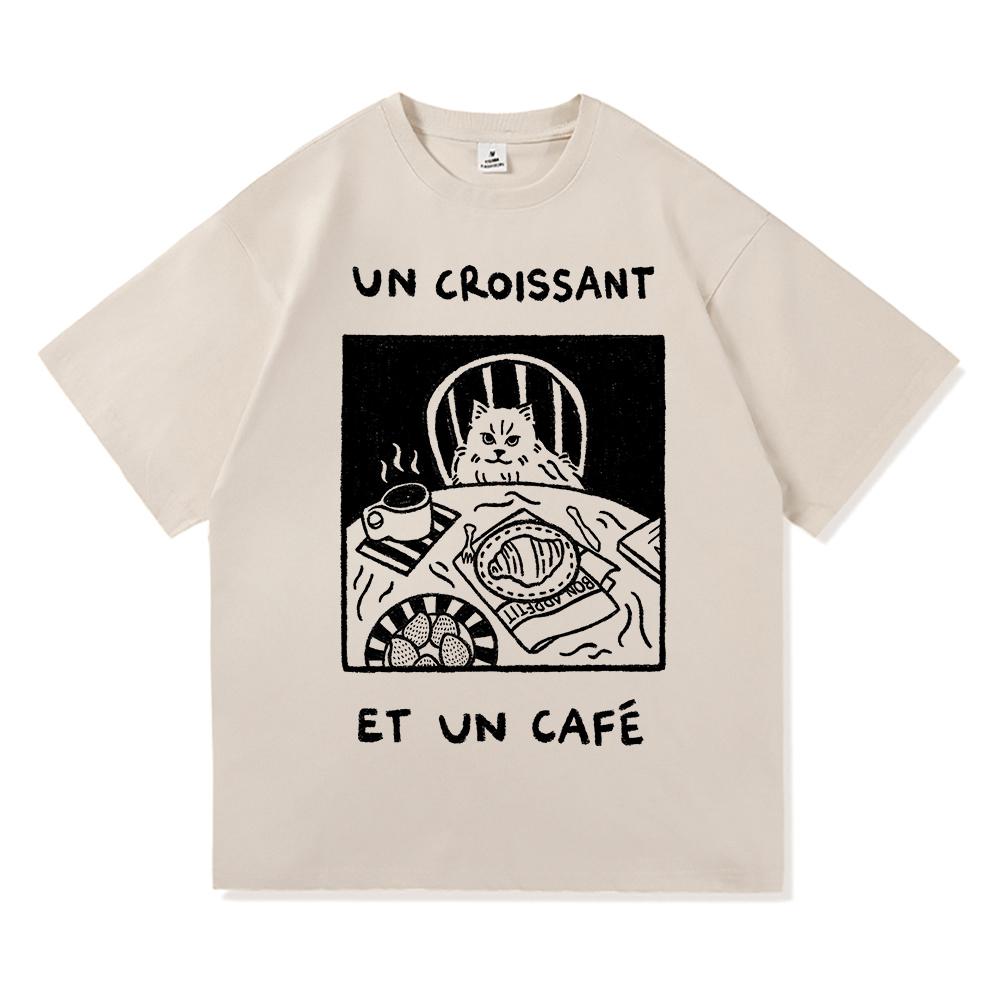 Vintage French Cafe Cat T Shirt Fashion Men/Women Funny Letter Un Croissant Et Un Cafe T-Shirt High Quality Cotton Tees Shirts