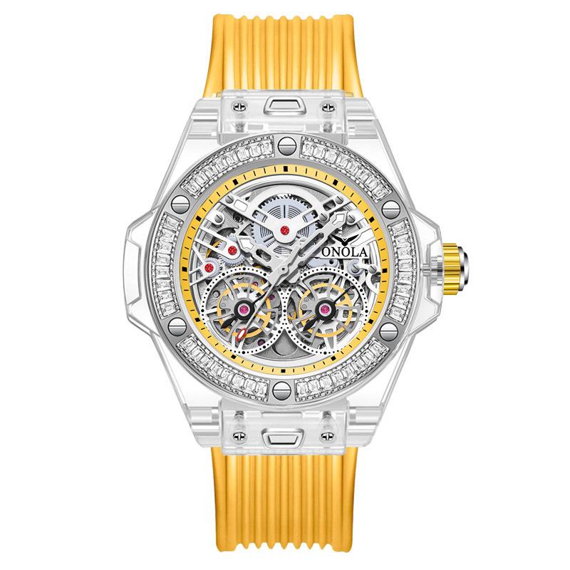 Mote Transparent Shell Ny herreklokke Diamond Automatisk mekanisk klokke menn vanntett tape