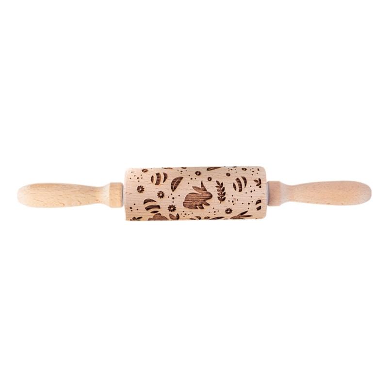 Easter Pattern Rolling Pin Rabbits Carrot Engraved Solid Wood Embossed Cookie Rolling Pin Pastry Dough Flour Roller