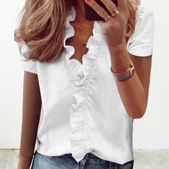 Women Shirt V-neck Lace Ruffle Soft Low-cut Dating Short Sleeves Commute OL Style Blouse