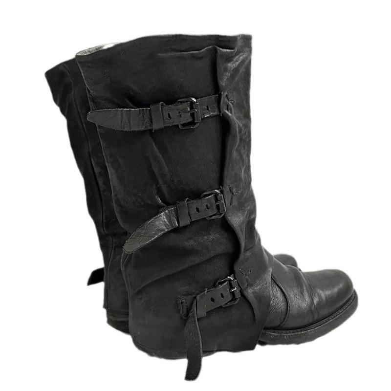 Cowhide version~ Belt buckle pleated medium boots women's summer wear retro side zipper old trousers western cowboy boots