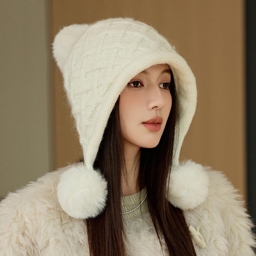 Winter Thick Velvet Knitted Hat Outdoor Warm Ear Protection Three Hair Ball Wool Hat