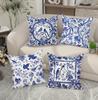 Modrobílý porcelánový pták Květinový povlak na polštář Chinoiserie Dekorační povlak na polštář pro domácnost