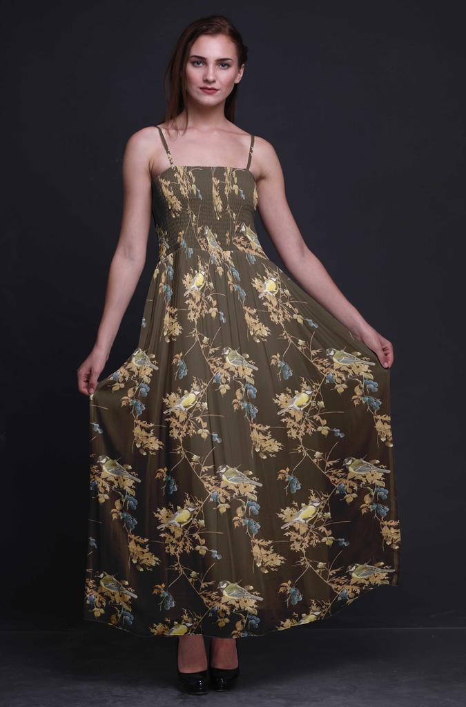 Bimba Black Berry & Yellow Sparrow Bird Print Women Smocked Bodice Beach Sun