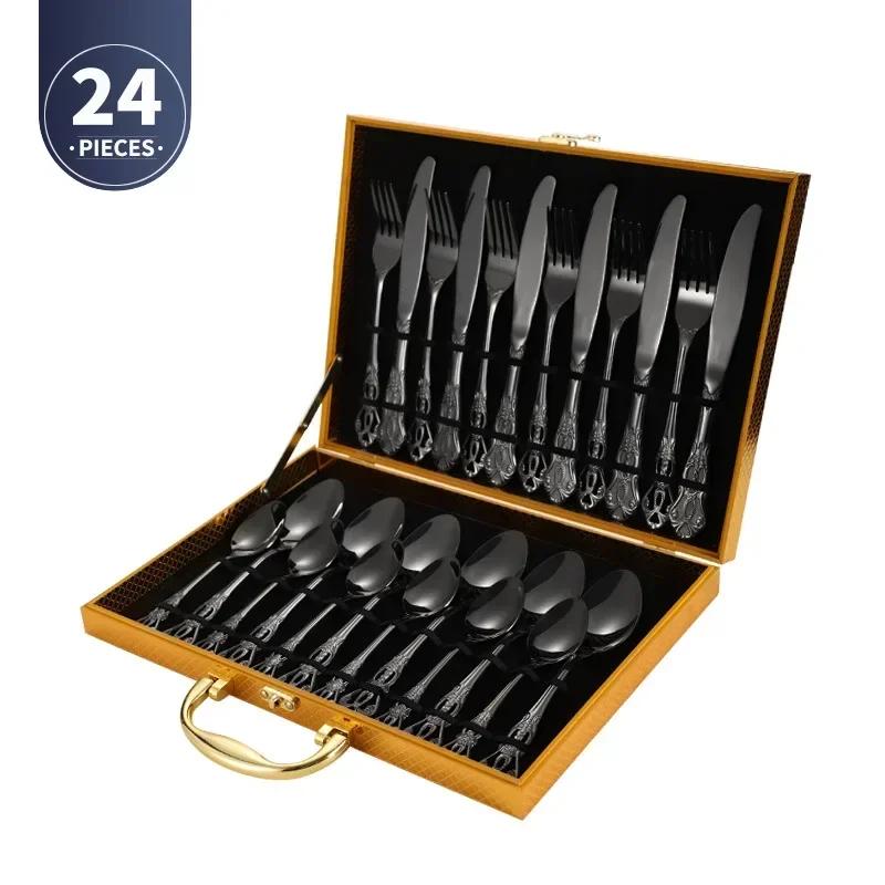 4pcs Gold Stainless Steel Cutlery Set Royal European Spoon Fork And Steak Knife Retro Hollow Design Dinnerware Luxury Tableware