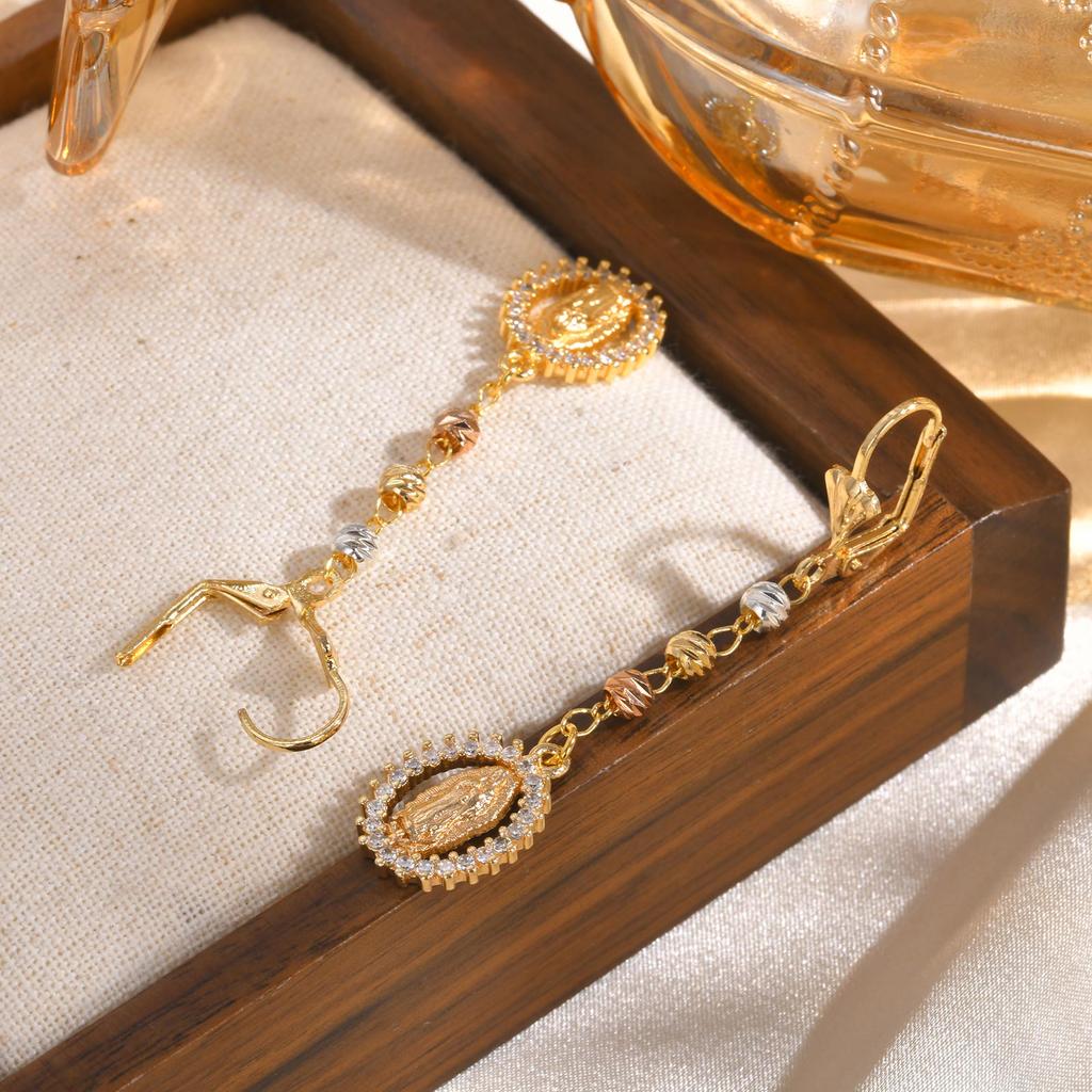 Vintage Religious Virgin Mary Drop Earrings for Women, 14k Gold Plated Zircon Long Dangle Earrings,Hypoallergenic Prayer Jewelry